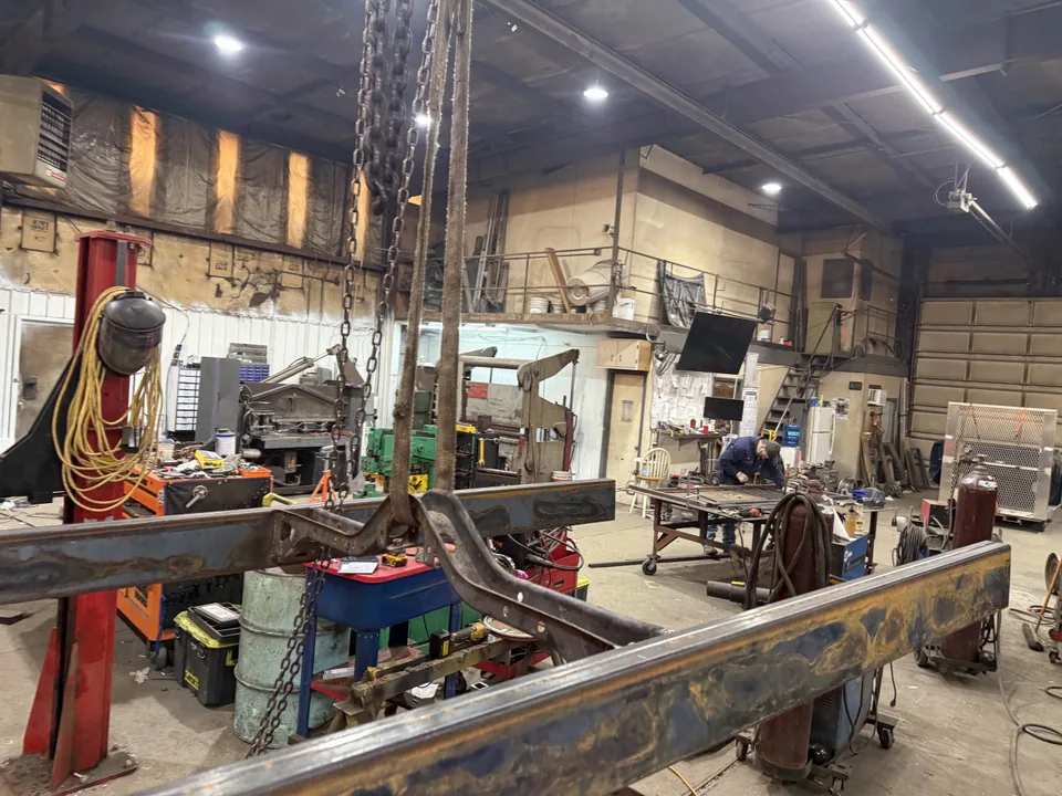 Heavy truck frame work in progress inside the Schmelzle MechFab shop